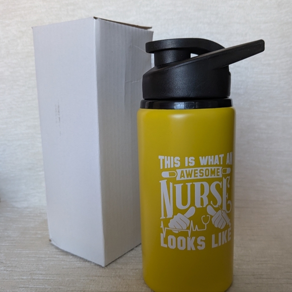 Metal Water Bottle 16oz Yellow Nurse Themed Black Flip Lid Never Used - Picture 4 of 8